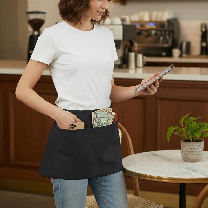 BOHARERS Waist Apron with 3 Pockets 6 Pack - Black Waitress Server Short Apron - Image 3